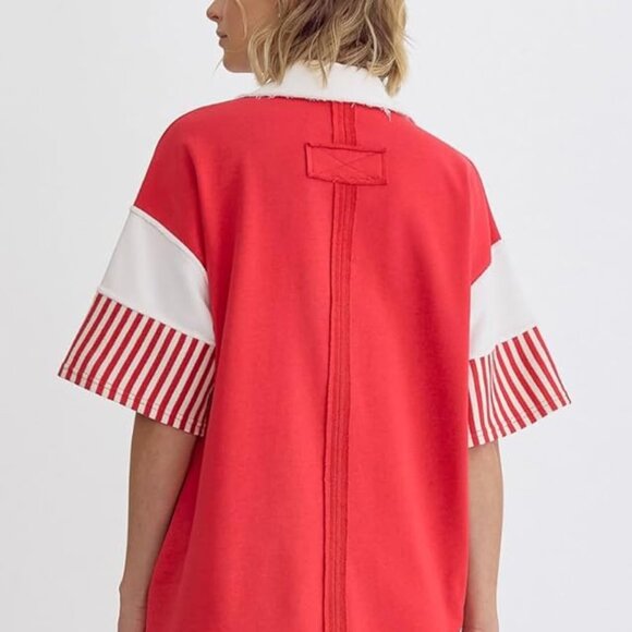 Polo Collared Candy Striped Loose Fitting Mini Dress With Side Pockets - Picture 4 of 4